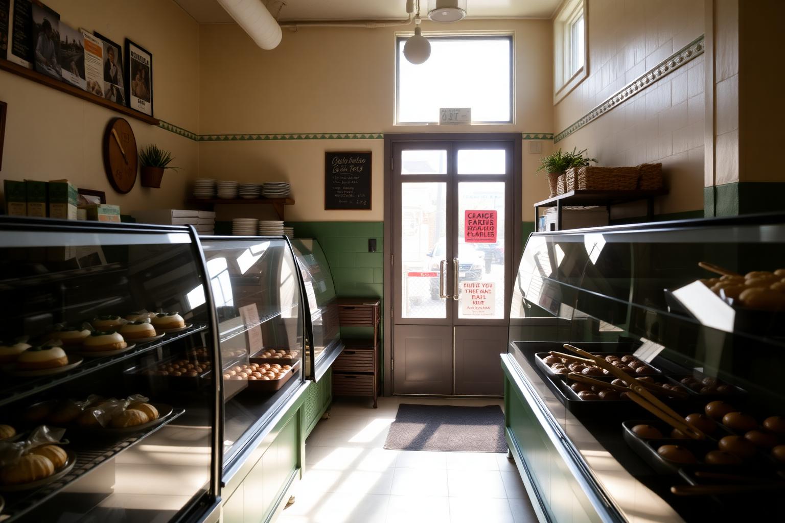 Inside El Nopal Bakery with pan dulce display cases