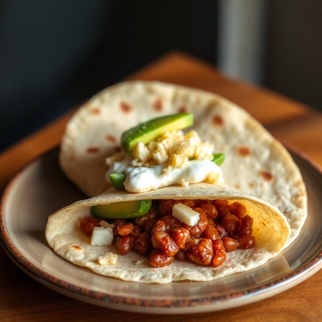 Baleada with beans, crema, cheese and avocado