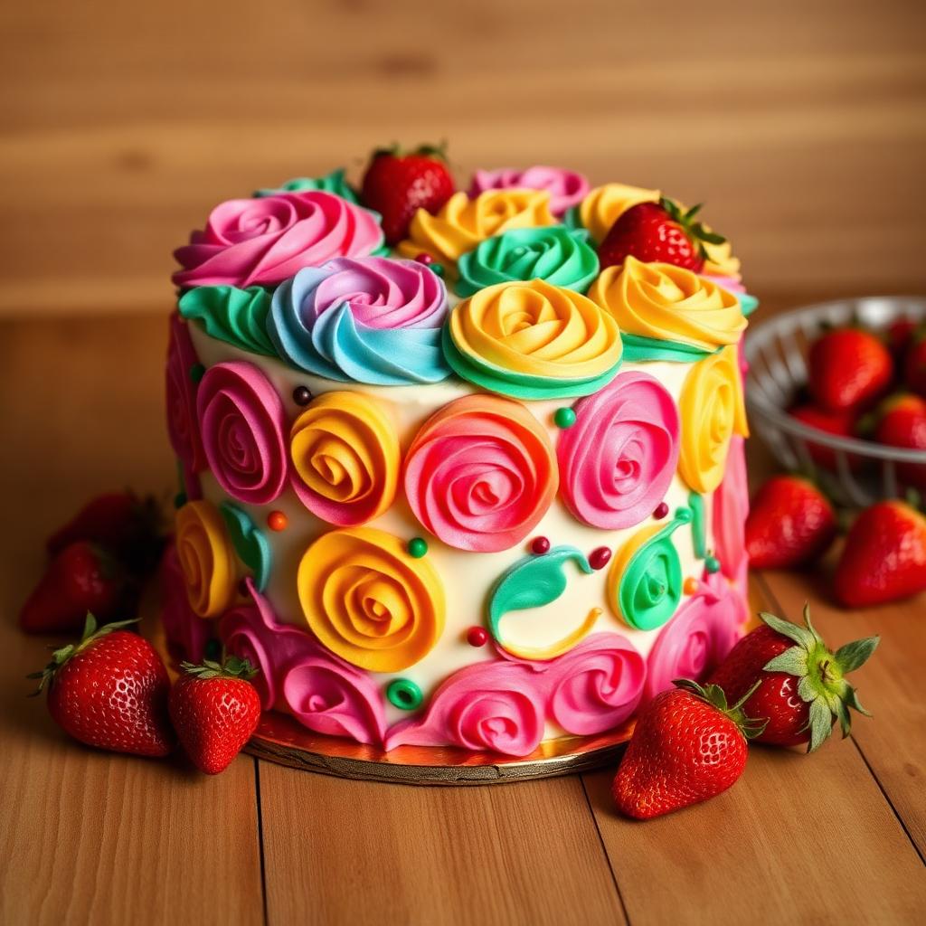 Colorful buttercream birthday cake with strawberries