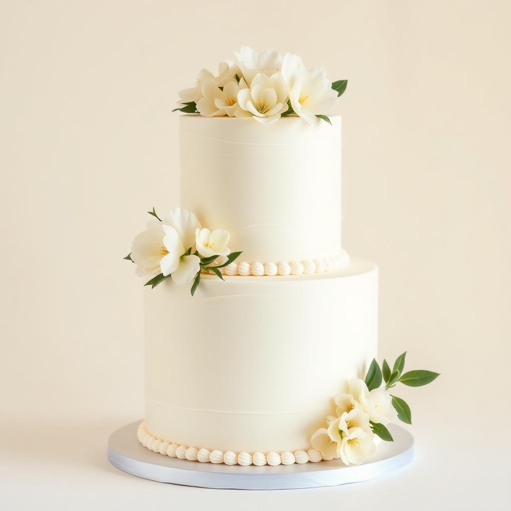 Two tier white wedding cake with fresh flowers