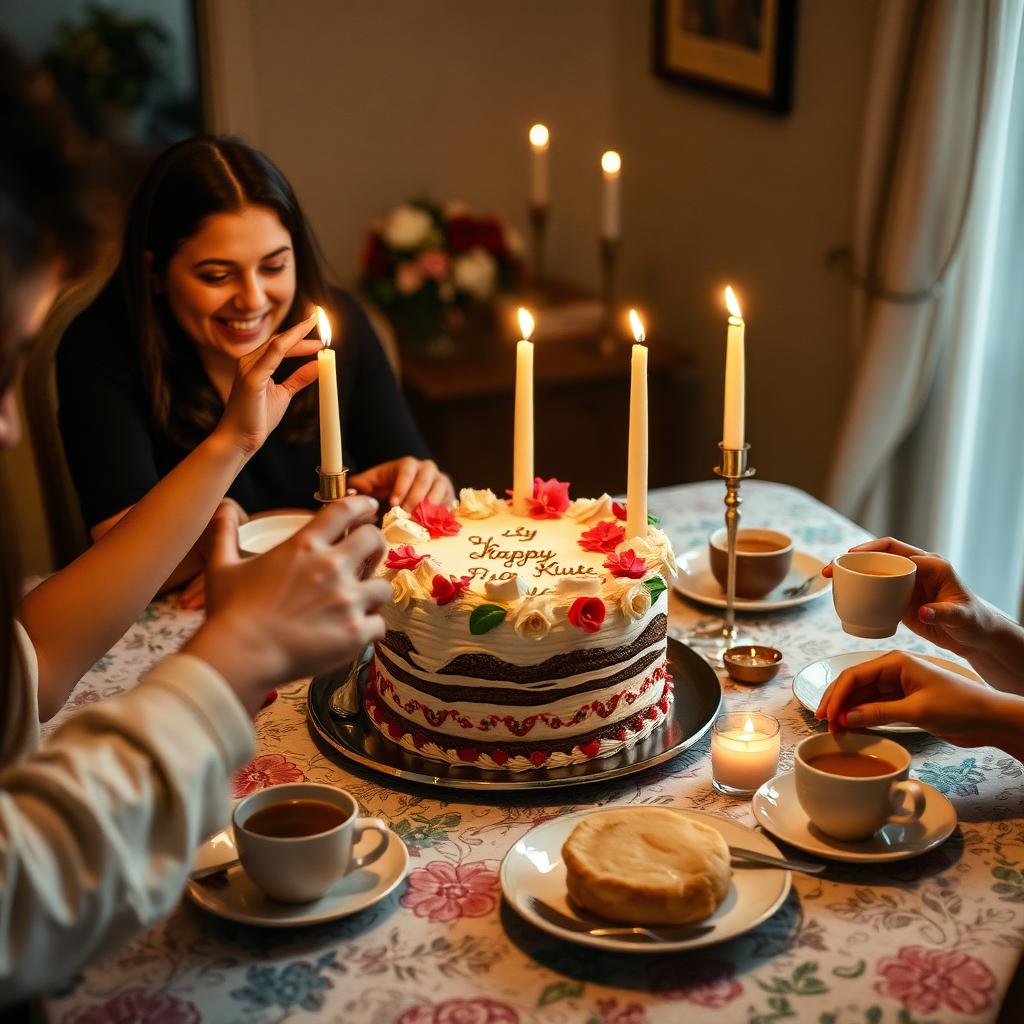 Family gathered around a cake with candles and coffee