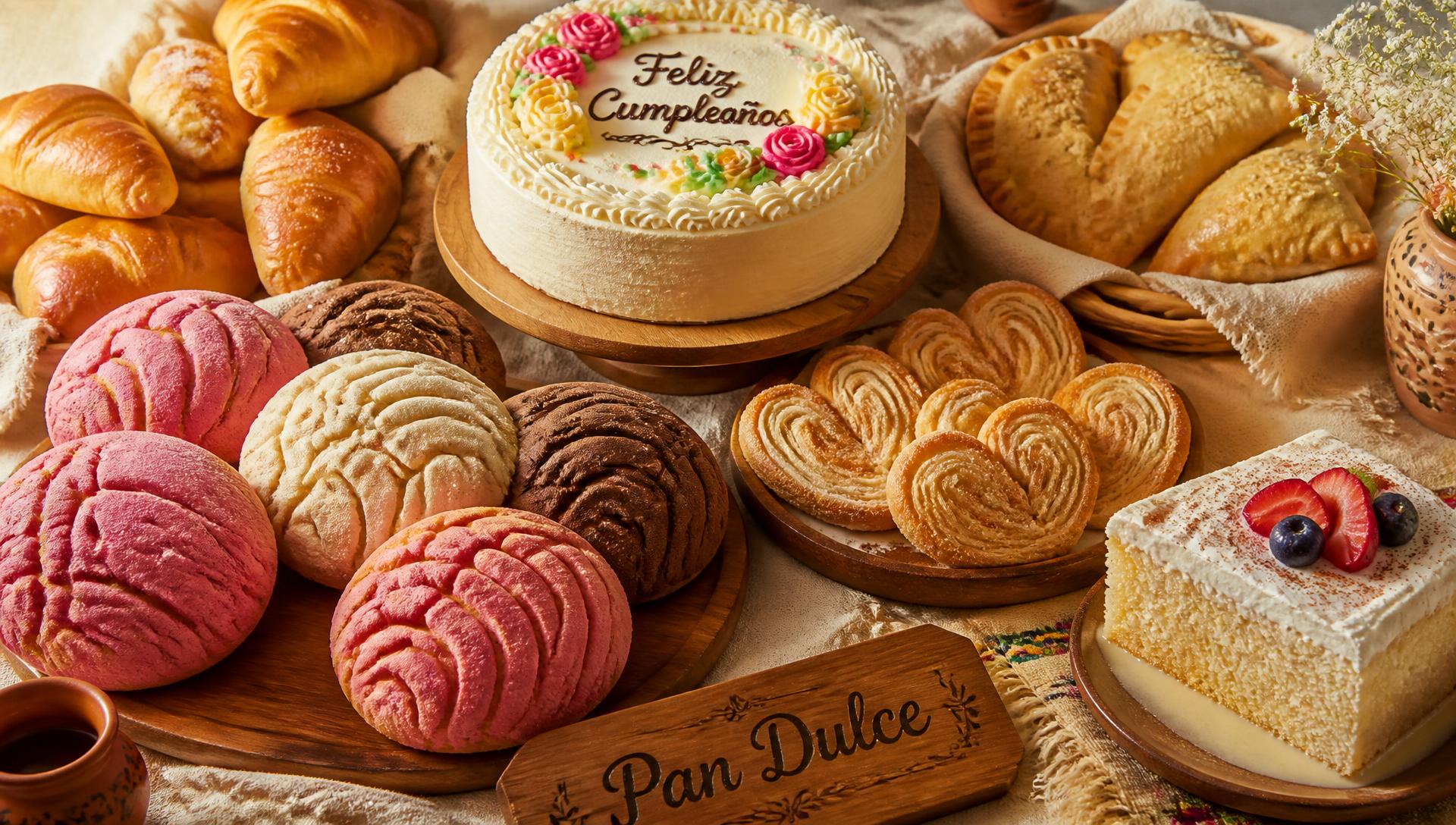 Assortment of fresh Mexican pan dulce and a decorated cake at El Nopal Bakery