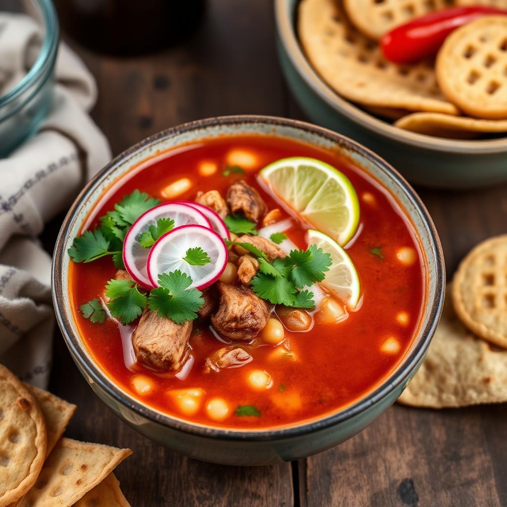 Bowl of pozole rojo with radish, cilantro and lime