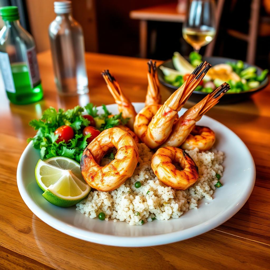 Plate of grilled garlic shrimp with rice and salad